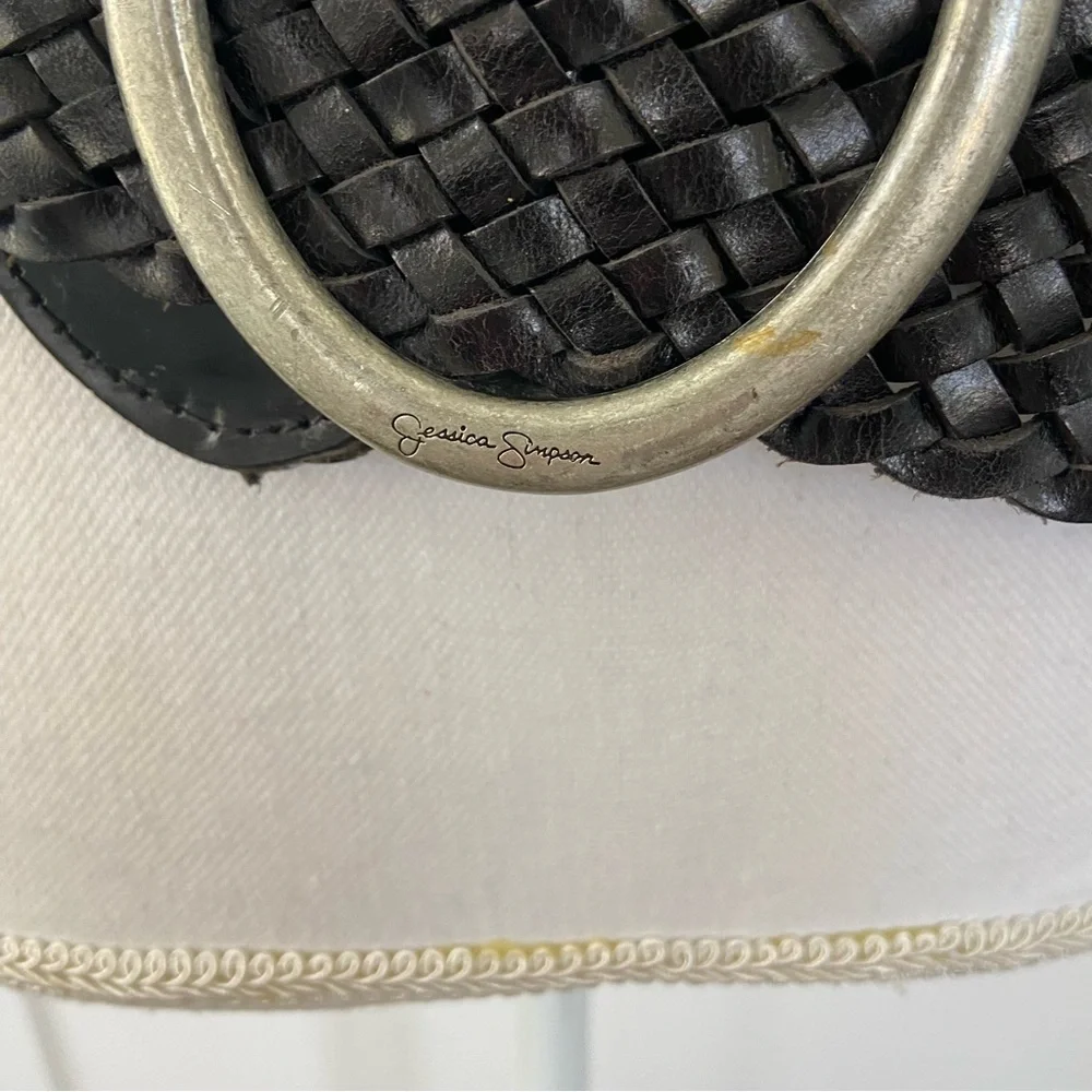Jessica Simpson Black Wide Braided Leather Belt Silver Statement y2k Small